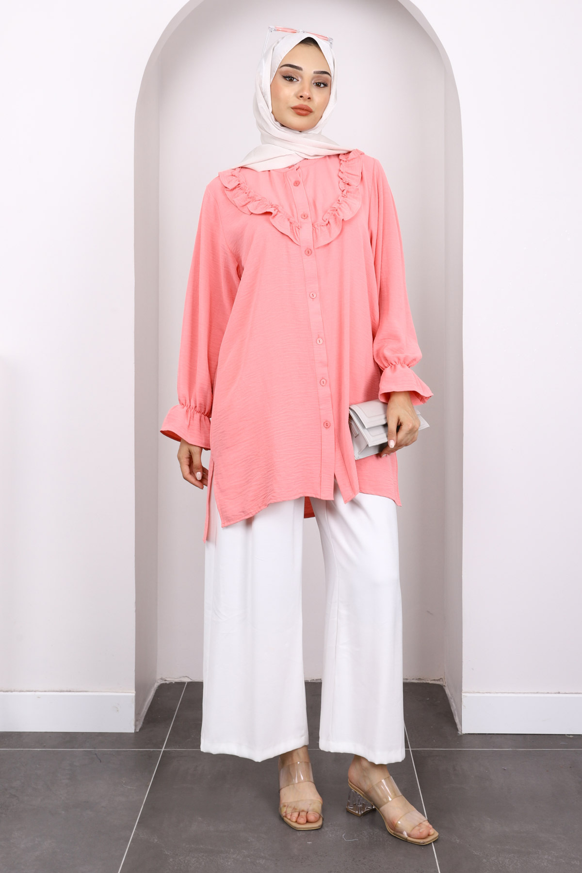 İmajButik-Pink Ruffled Front Ayrobin Tunic 2