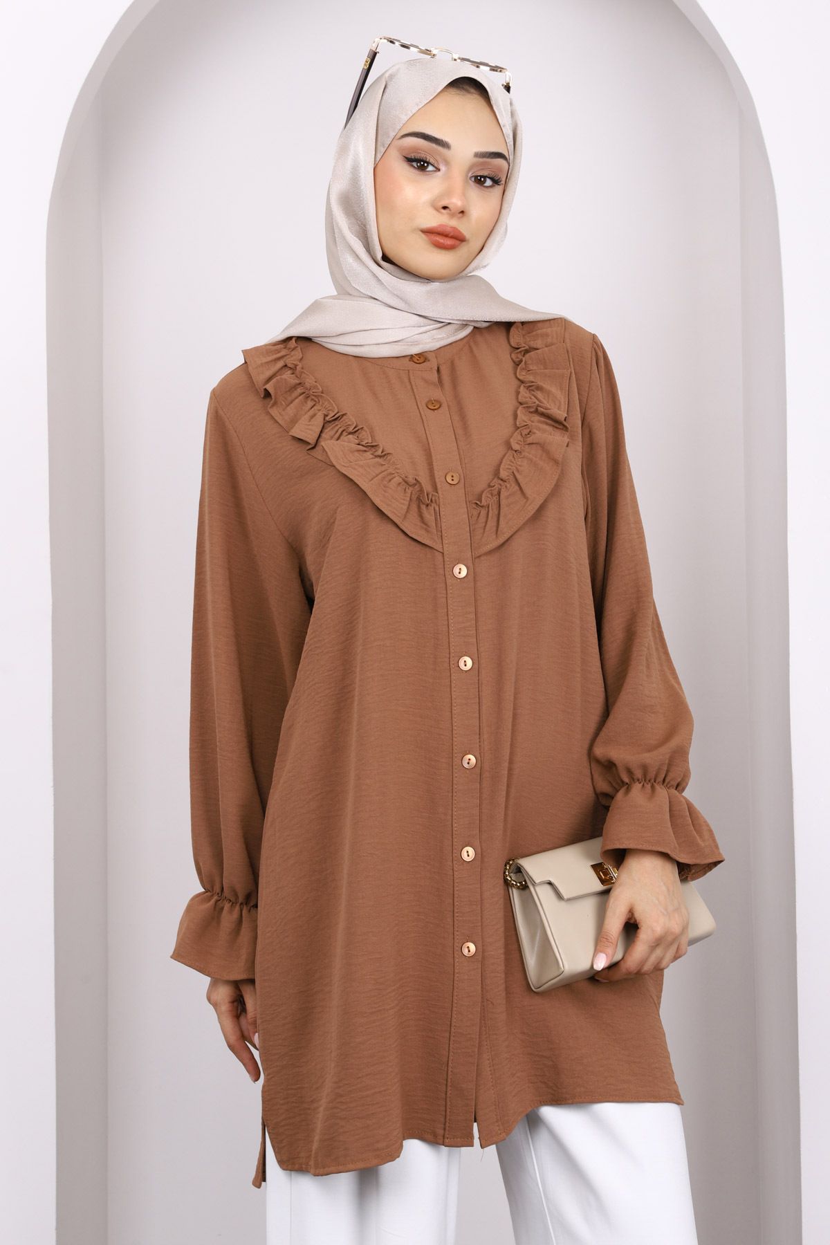 İmajButik-Brown Ruffled Front Ayrobin Tunic 3