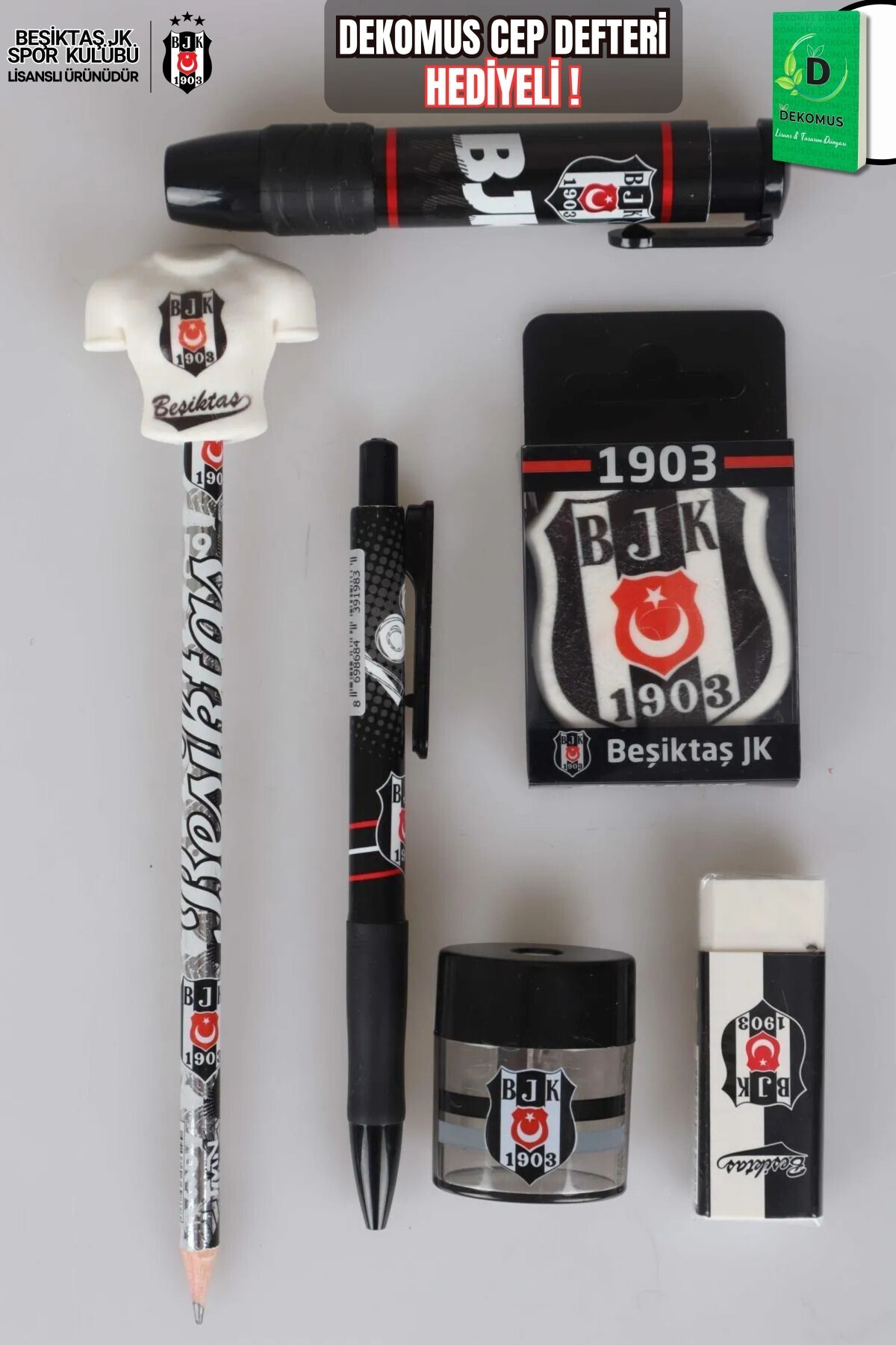 Beşiktaş "DEKOMUS CEP DEFTERİ HEDİYELİ" LİSANSLI KIRTASİYE SETİ SİLGİ TEPELİ KURŞUN KALEM,VERSATİL U