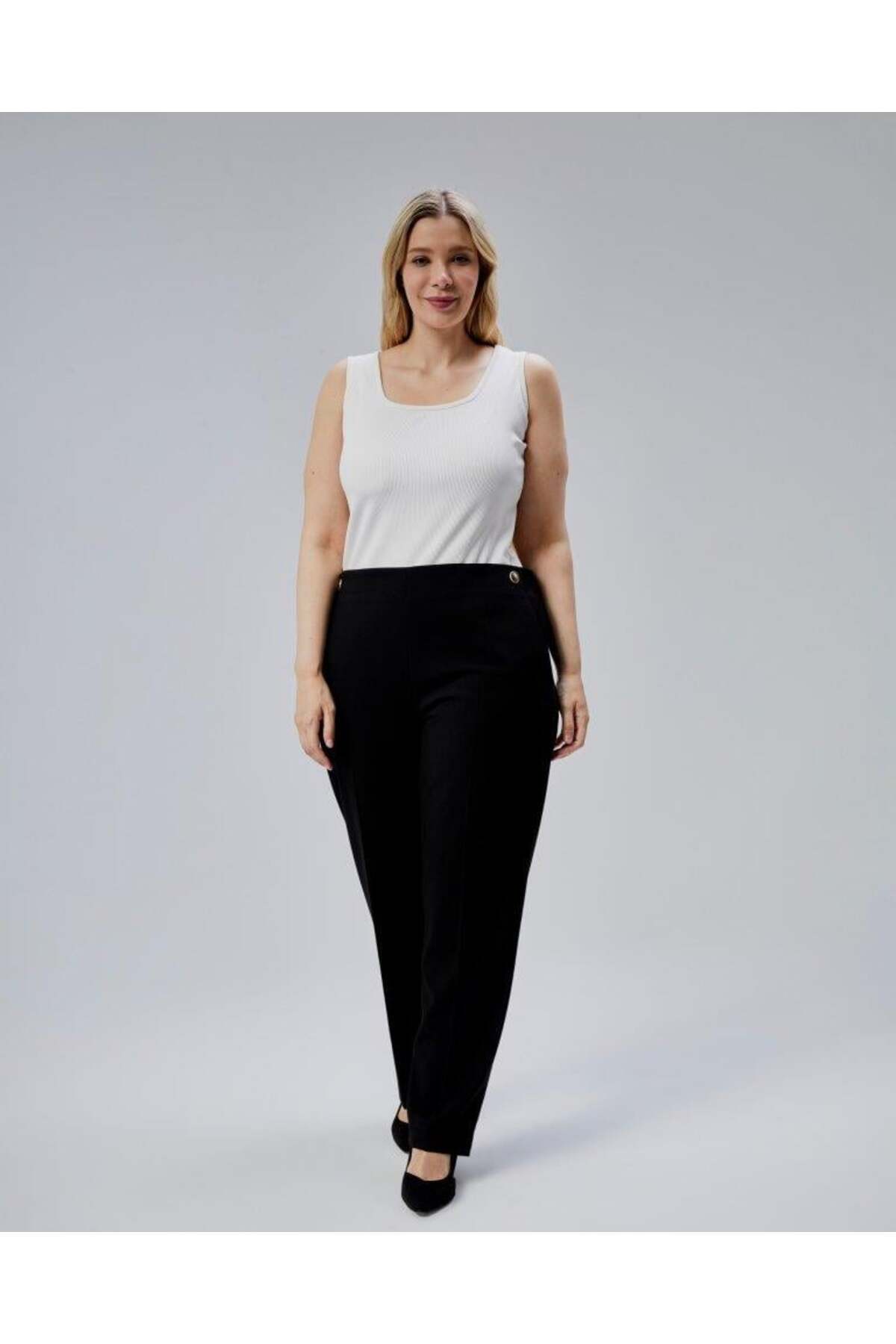 modamtn-Decorative Buttoned Back Waist Elastic Large Size Trousers 1
