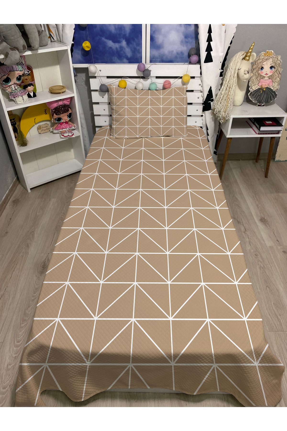 yok yok evim eve dair her şey-Mink Geometry Patterned Single Pique and Pillowcase Bedspread Set 1