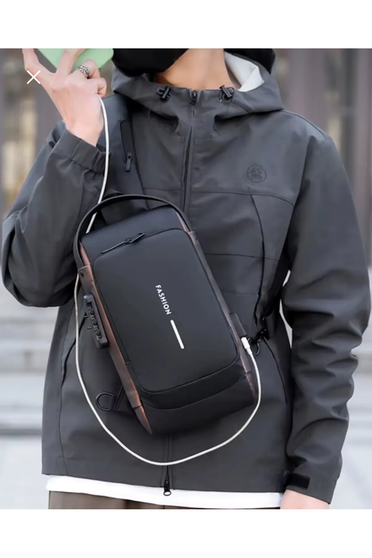 FASHION USB şarj portlu ve kilitli şık omuz göğüs çantası görsel 5