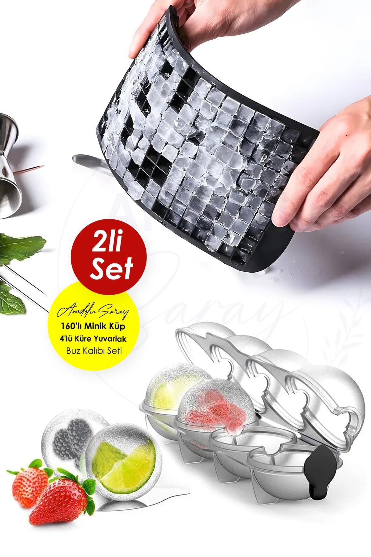 Anadolu Saray-Set of 2 Ice Molds| 160 Pieces Silicone Small Cube Shaped Ice Mold and 4 Ball Sphere Ice Mold 2