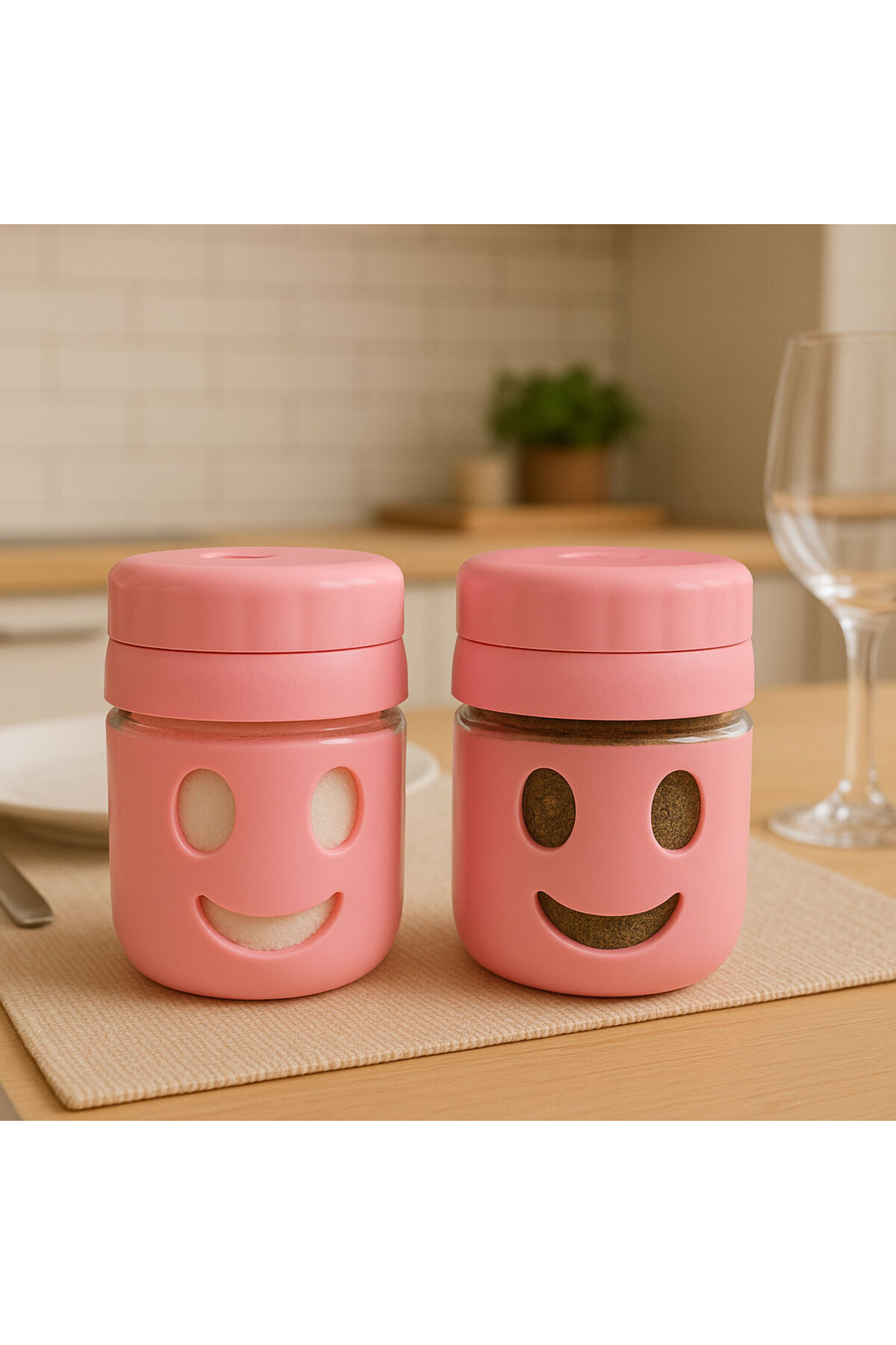 SİHİRLİ AYAKLAR 2'li Pembe Gülen Surat Modelli Cam Tuzluk Karabiberlik Pulbiberlik Baharatlık
