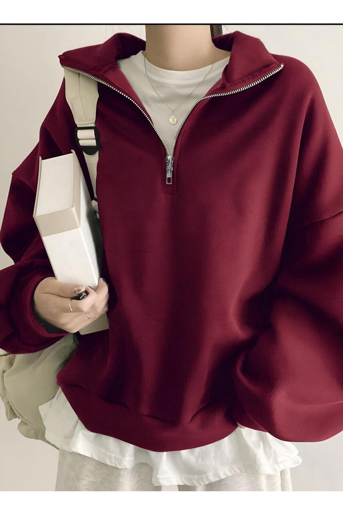 trendgar  Kadın Bordo Yarım Fermuarlı Dik Yaka Sweatshirt - Görsel 3
