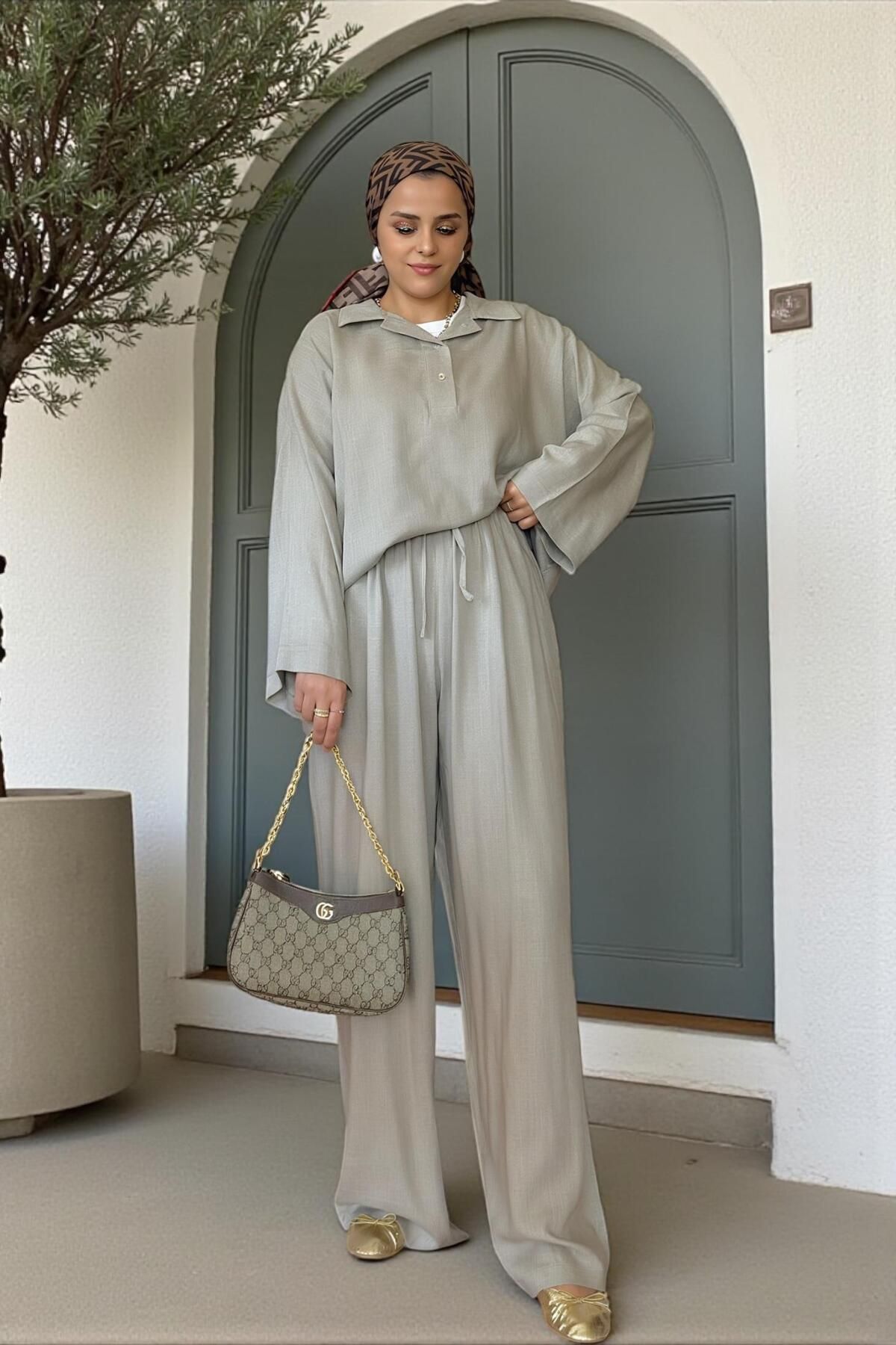 Aselim Hijap Moda-100% Raw Linen Kimono Sleeve Double Set - Mink with Straw Belt 3