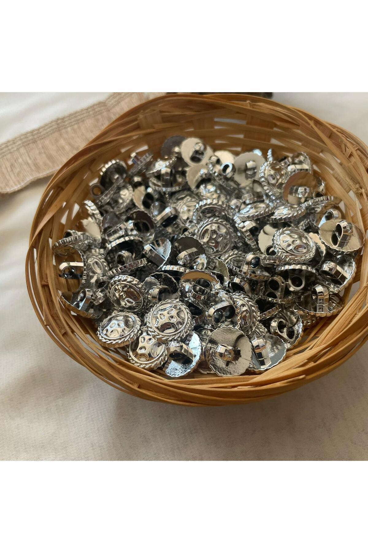 Bukle İplik-Embossed Twist Framed Silver Color Plastic Metallized Bottom Standing Square Button 1.52cm - (12 Pcs) 4