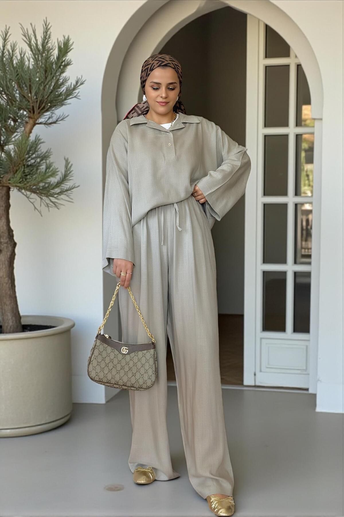 Aselim Hijap Moda-100% Raw Linen Kimono Sleeve Double Set - Mink with Straw Belt 4
