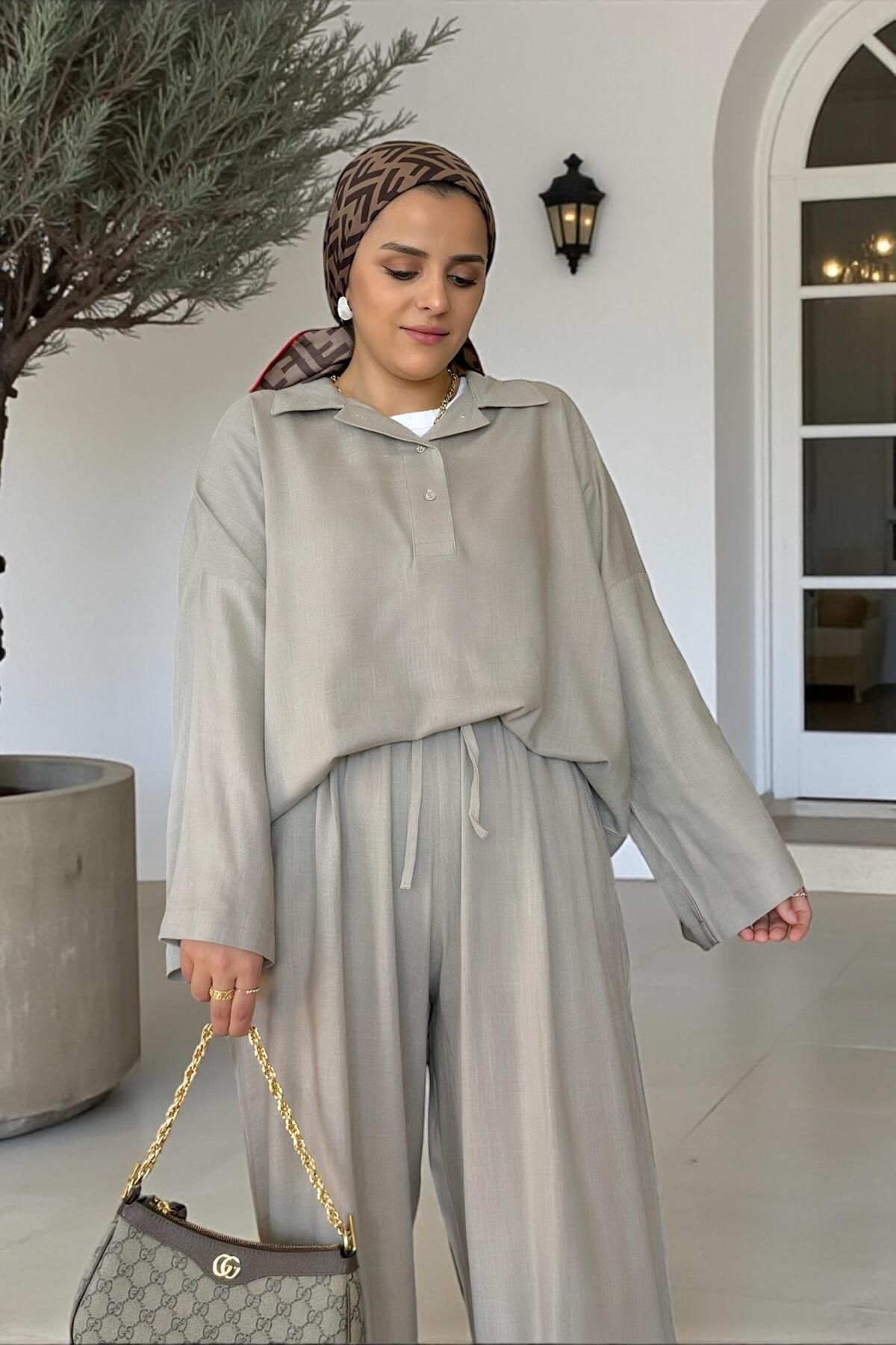 Aselim Hijap Moda-100% Raw Linen Kimono Sleeve Double Set - Mink with Straw Belt 1
