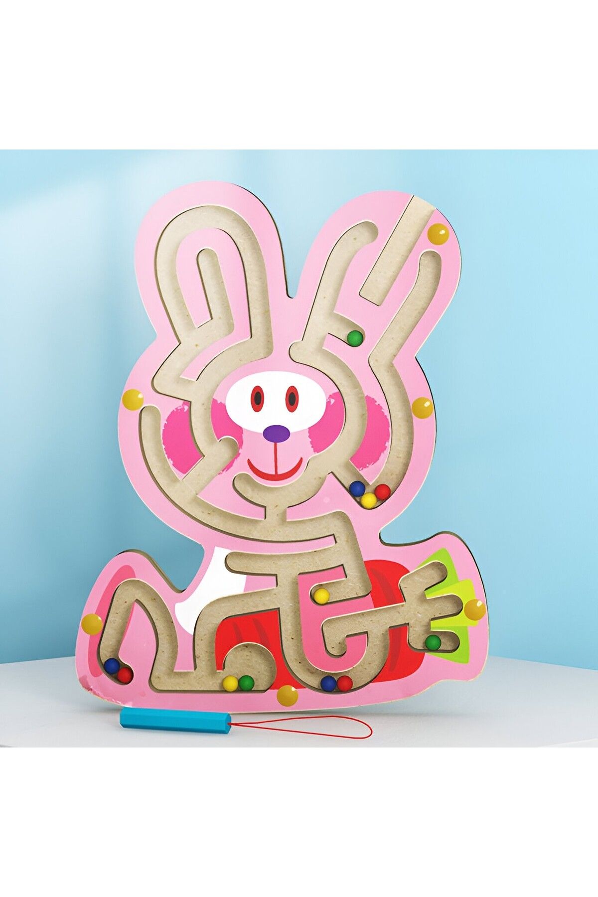 Flippy-Joc cu minge Montessori, Flippy, creion magnetic, tip labirint, din lemn, model iepuraș, 19,5x15,5 cm, roz 2