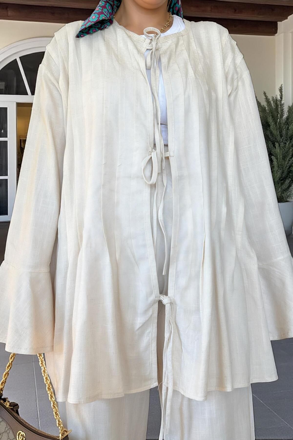 Aselim Hijap Moda-Comfortable Raw Linen Double Set - Pleated Wide Sleeve Tunic Set Beige 3