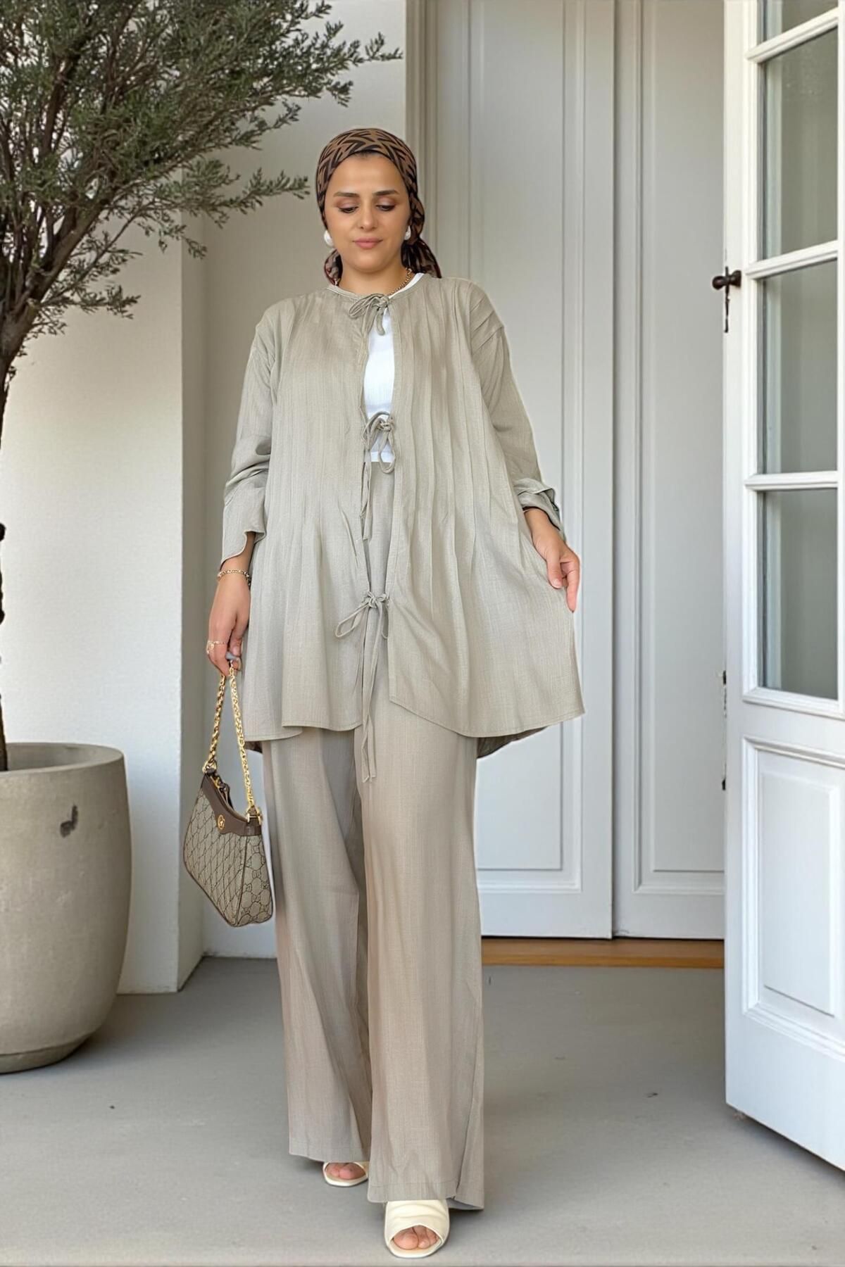 Aselim Hijap Moda-Comfortable Raw Linen Double Set - Pleated Wide Sleeve Tunic Set Mink 3