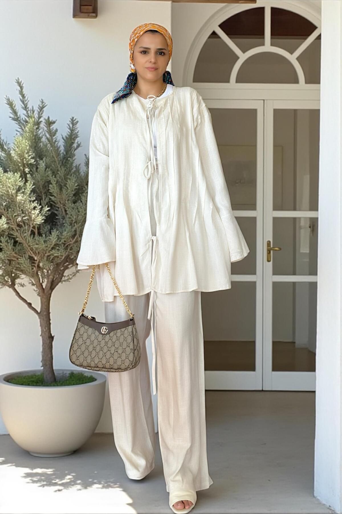Aselim Hijap Moda-Comfortable Raw Linen Double Set - Pleated Wide Sleeve Tunic Set Beige 5