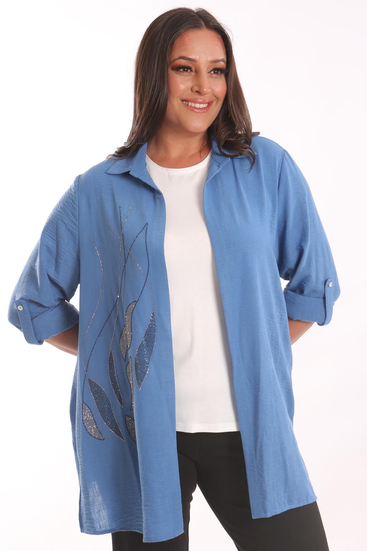 SERTUĞ-Tren42Plus Large Size Epaulettes Stone Printed Indigo Double Suit 1