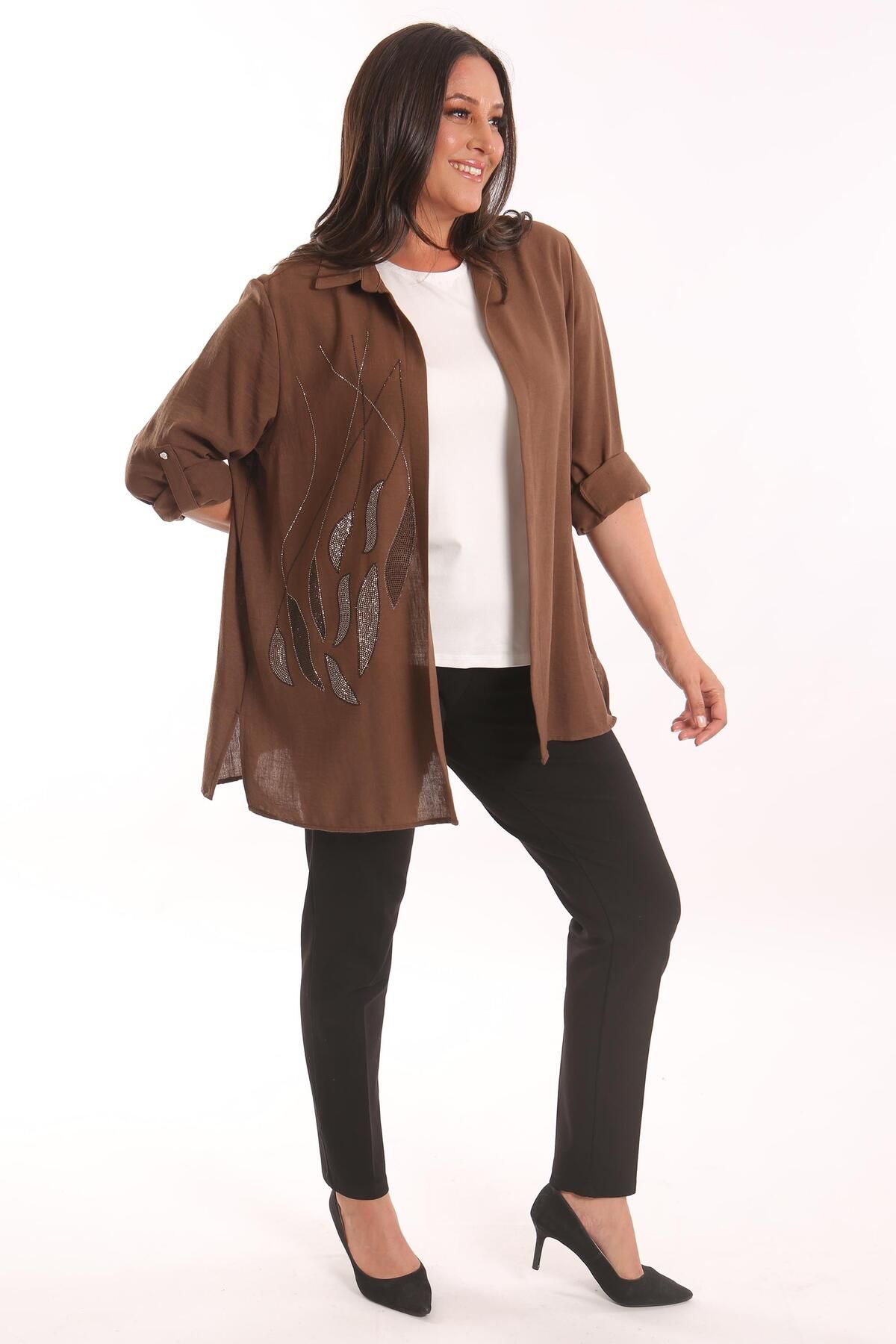 SERTUĞ-Tren42plus Plus Size Epaulet Stone εμπριμέ καφέ διπλό σετ 2