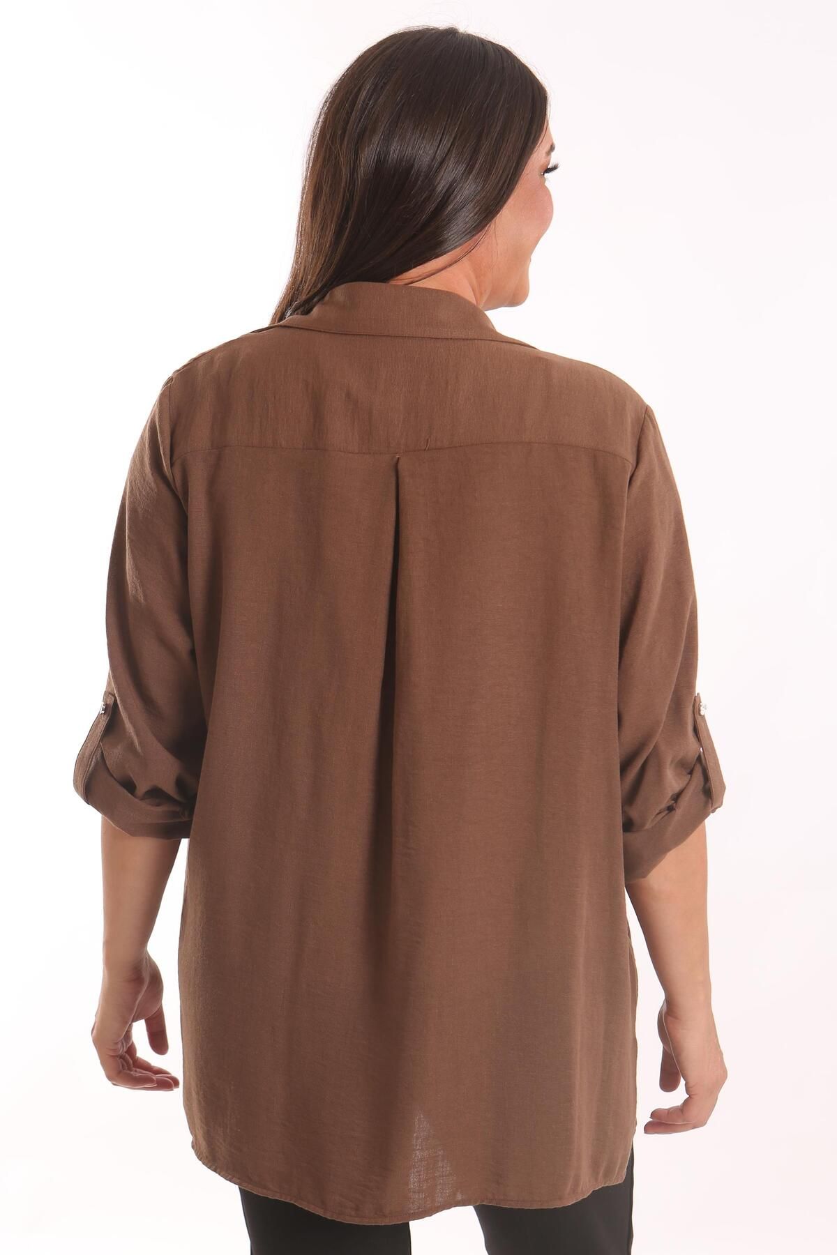 SERTUĞ-Tren42plus Plus Size Epaulet Stone εμπριμέ καφέ διπλό σετ 5