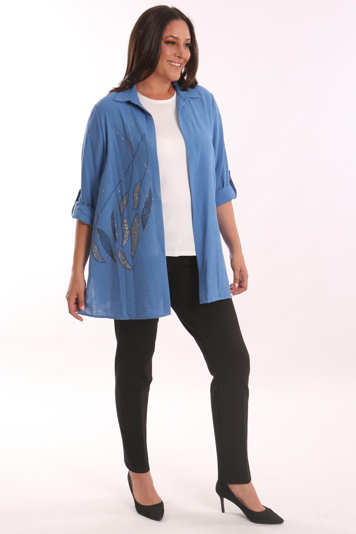 SERTUĞ-Tren42Plus Large Size Epaulettes Stone Printed Indigo Double Suit 2