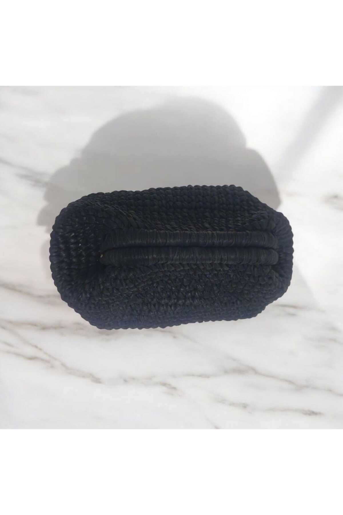 SONİKON LİNE-Black Leather Hand Knitted Clutch Bag with String, Straw Model Lightweight and Stylish Design for Wedding Invitation Handmade 7