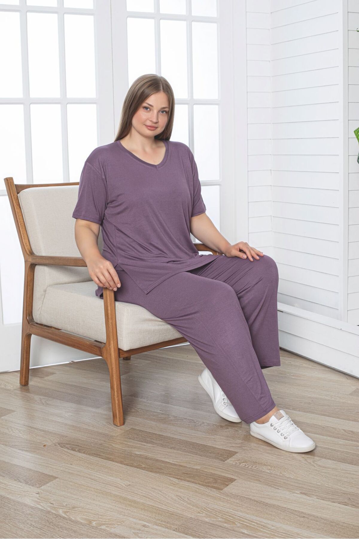Asel-Large Size Lycra Combed Cotton Fabric Side Slit 2-Piece Stylish Tunic Bottom-Top Set 2