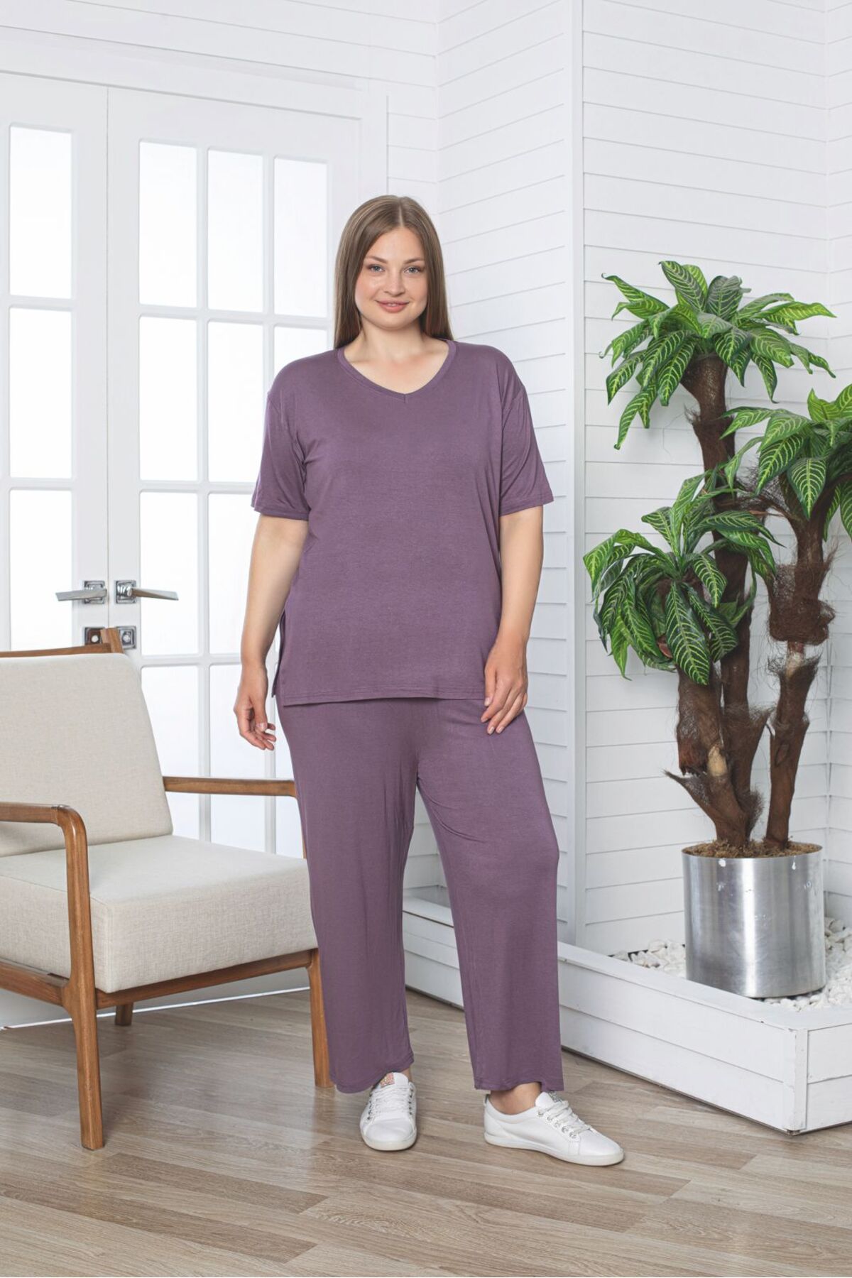 Asel-Large Size Lycra Combed Cotton Fabric Side Slit 2-Piece Stylish Tunic Bottom-Top Set 1