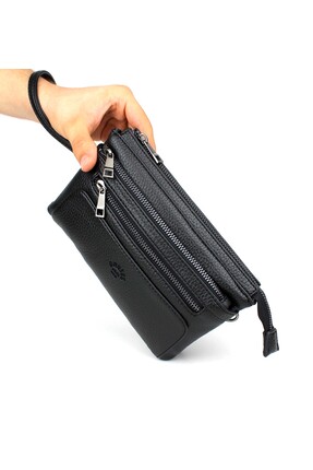 deri,se club Erkek Siyah Çok Bölmeli Bileklik Kemerli Portföy Çanta El Çantası