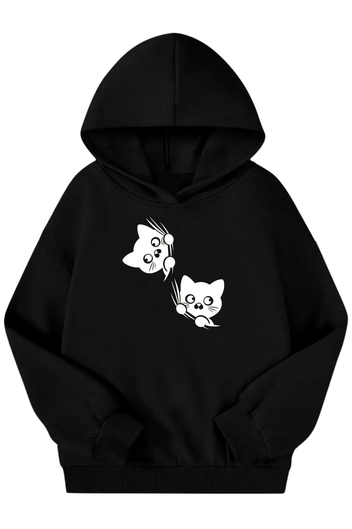 VBSVİBES-Unisex Black Children's Hooded Sweatshirt – Cat Printed, Thick Fabric with Hood 1