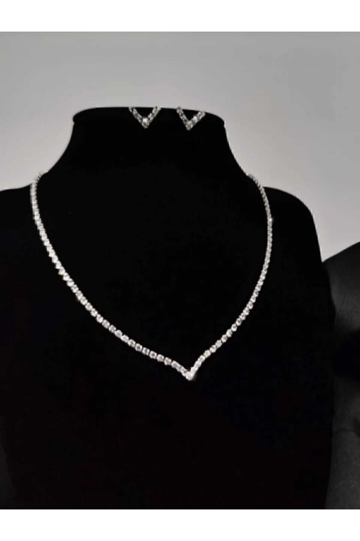V model Evening Dress Set Waterway Single Ordinary V Necklace, Waterway, Earring Zircon Silver 42-46 Cm