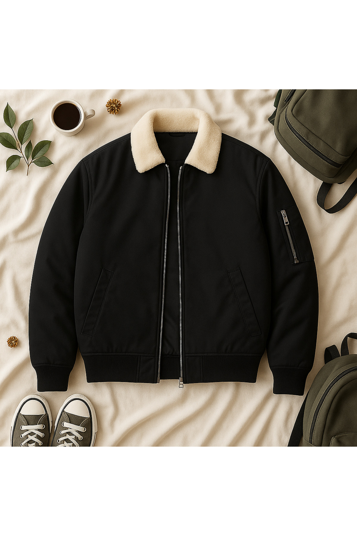 Unisex Siyah Oversize Bomber Ceket Kolej Ceket
