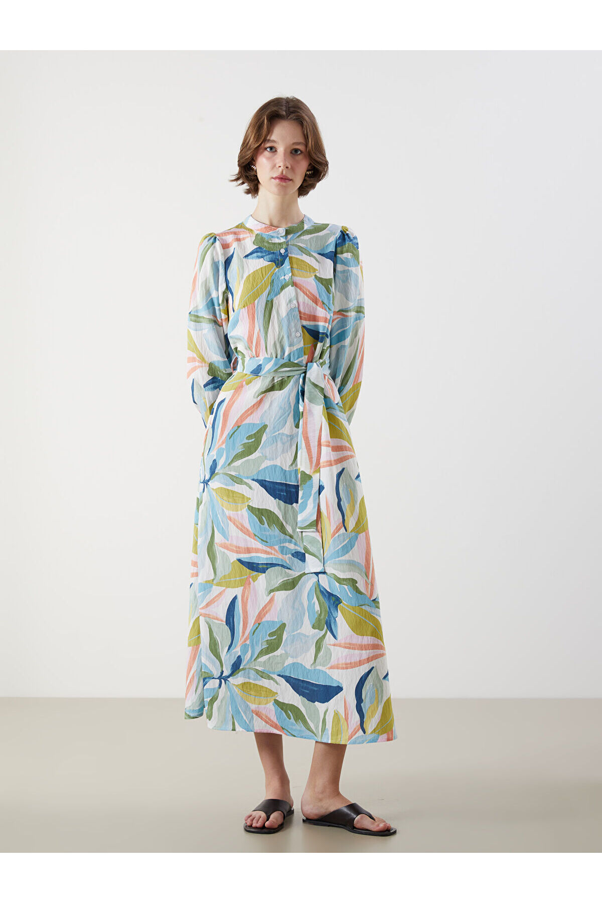 LC Waikiki Vizyon New Season Hakim Collar Floral Belted A-Line Dress