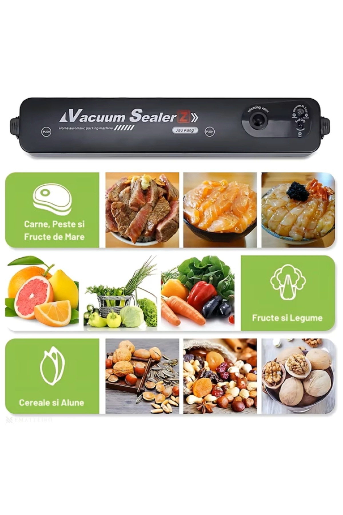 EMATTERIO Aparat De Vidat Si Sigilat Alimente, 10 Pungi Incluse, Pentru Carne, Legume, Fructe, Negru