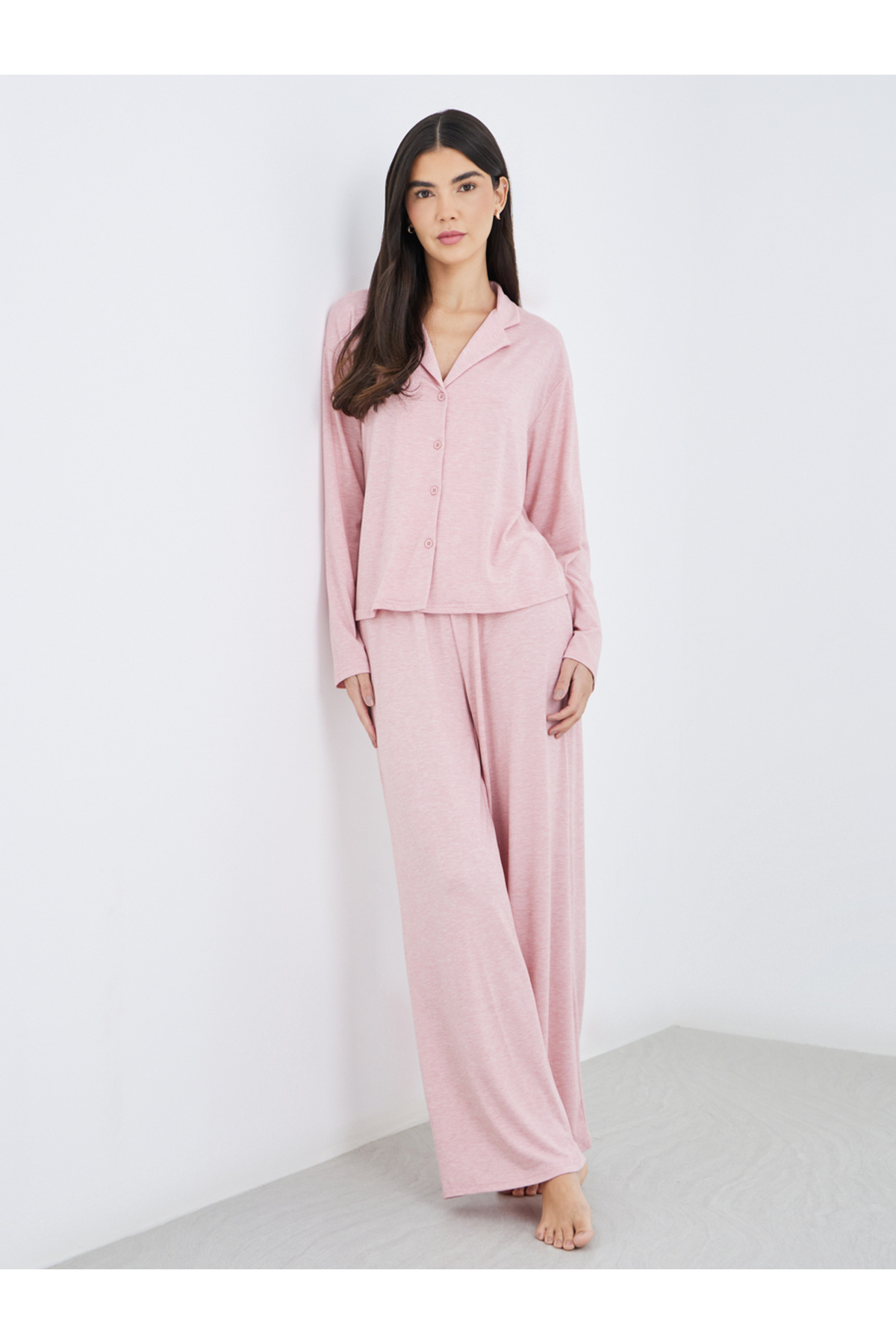Styli Women Pink Melange Shirt and Wide Leg Pyjama Set