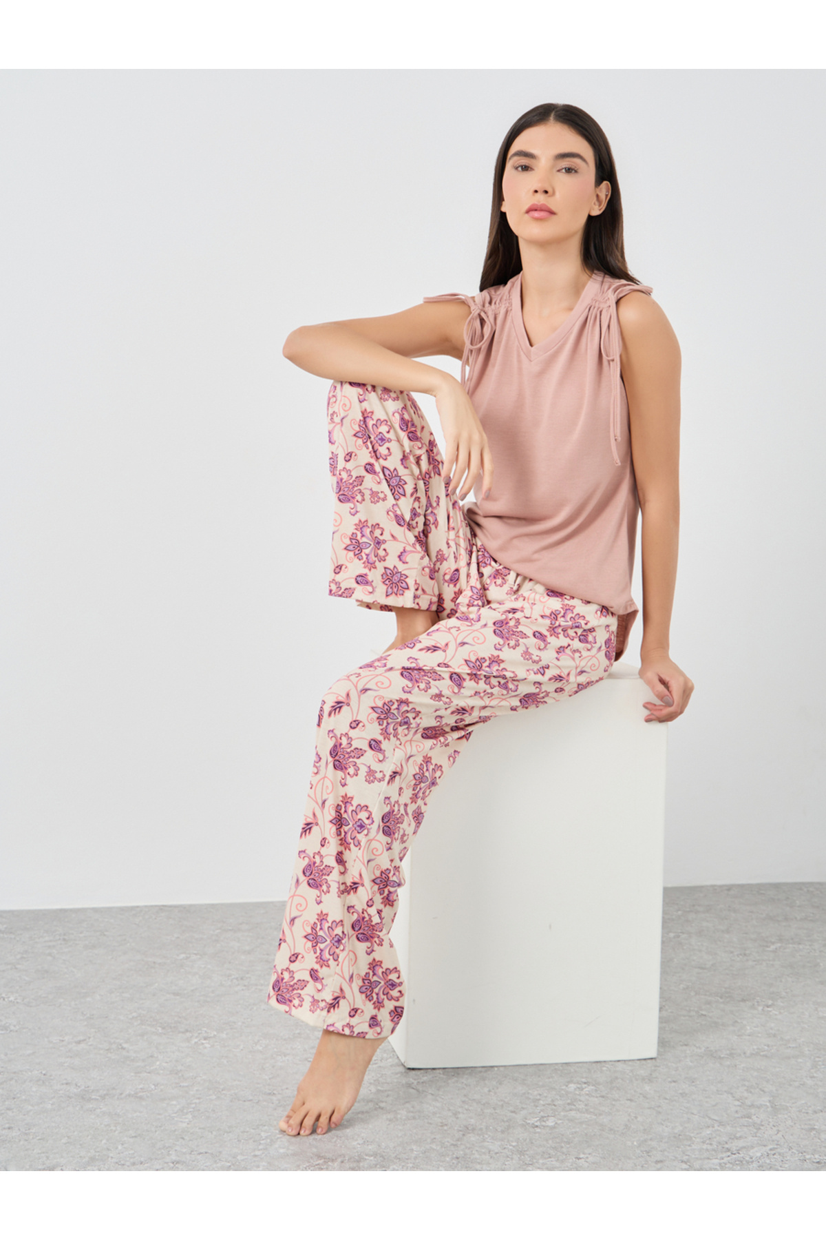 Styli V Neck Ruched Shoulder Tank and Floral Pyjama Set
