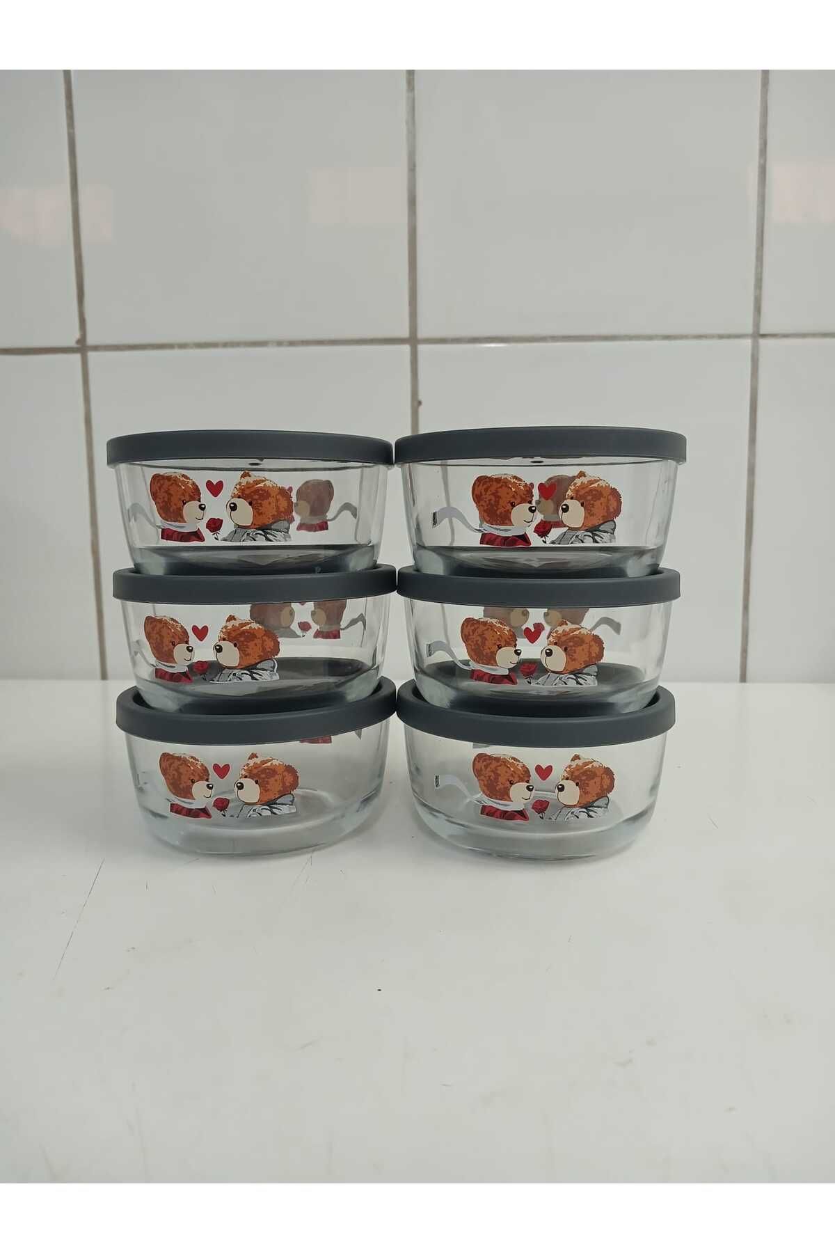 LAV-Feyzade Round Storage Container Set 6 Pieces Teddy Bear Patterned 380Cc Storage Container Anthracite Lid 1
