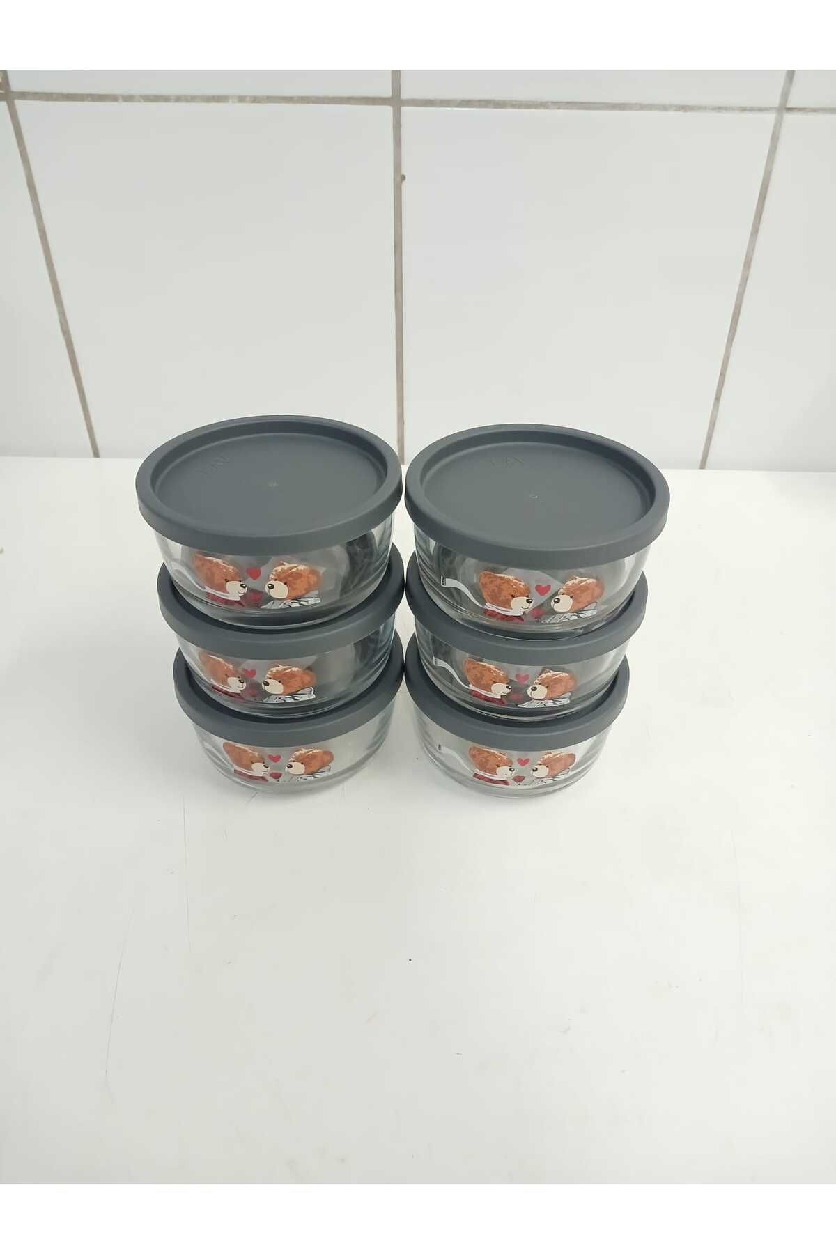 LAV-Feyzade Round Storage Container Set 6 Pieces Teddy Bear Patterned 380Cc Storage Container Anthracite Lid 2