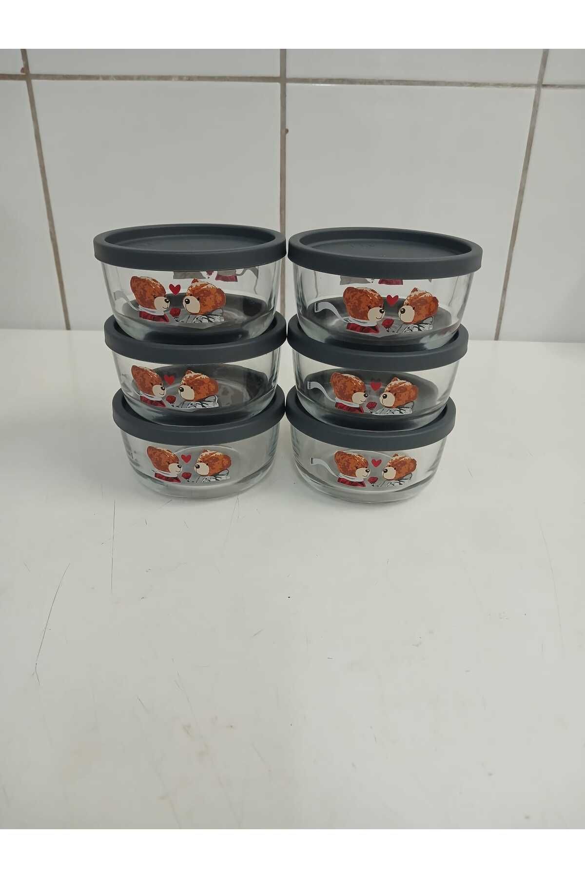LAV-Feyzade Round Storage Container Set 6 Pieces Teddy Bear Patterned 380Cc Storage Container Anthracite Lid 3