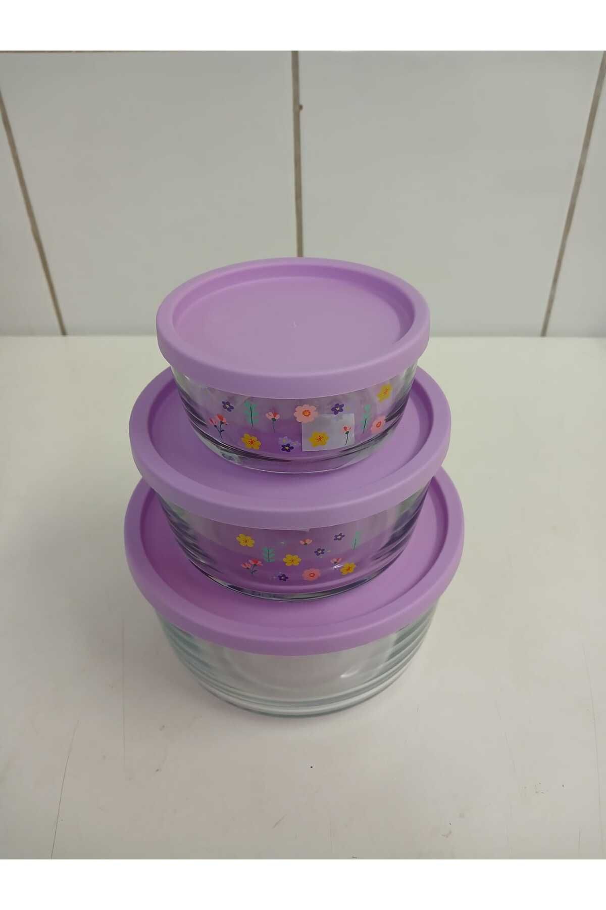 LAV-Feyzade Round Storage Container Set (1490Cc-800Cc-380Cc) Set of 3 Lila Lid 2