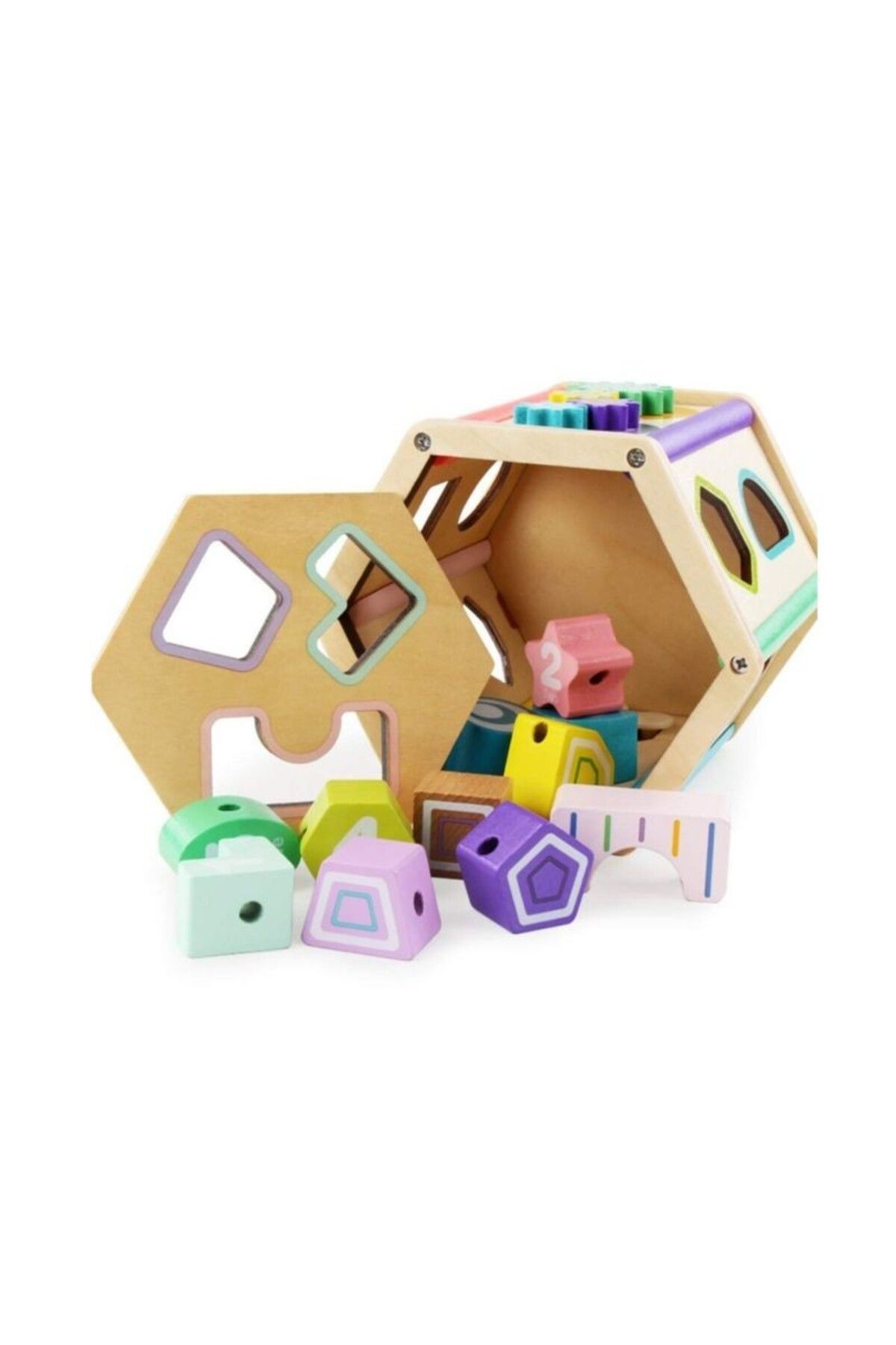 idei-Multifunctional toy, geometric shapes and numbers sorter, maze, 11 pieces, wood 3