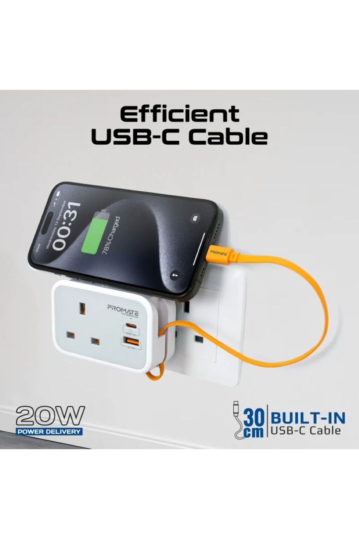 Promate-Multi-Function AC Socket Charger with Built-In 20W PD USB-C Cable 4