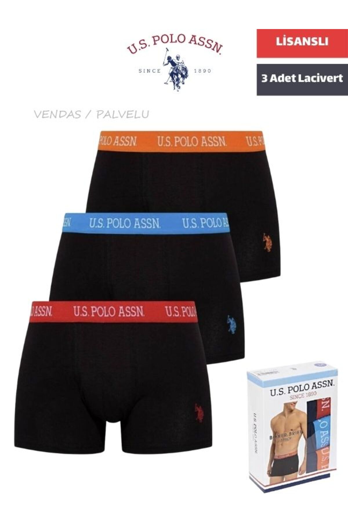 یو اس پولو شورت بوکس مردانه دارای مجوز، ۹۵٪ پنبه، ۵٪ الاستین، بسته ۳ عددی / سرمه‌ای