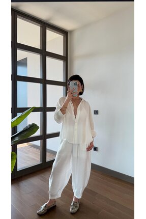 Eliz design Yumuşak Kumaş Beyaz Pantolon Takım