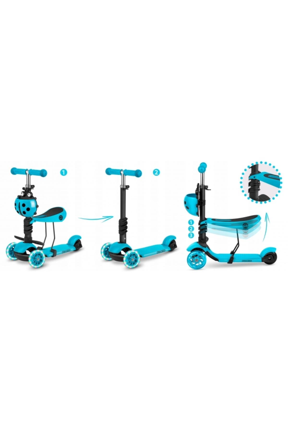 Ricokids-3 in 1 scooter for children Buggy Blue with adjustable seat, adjustable handlebar height, 3