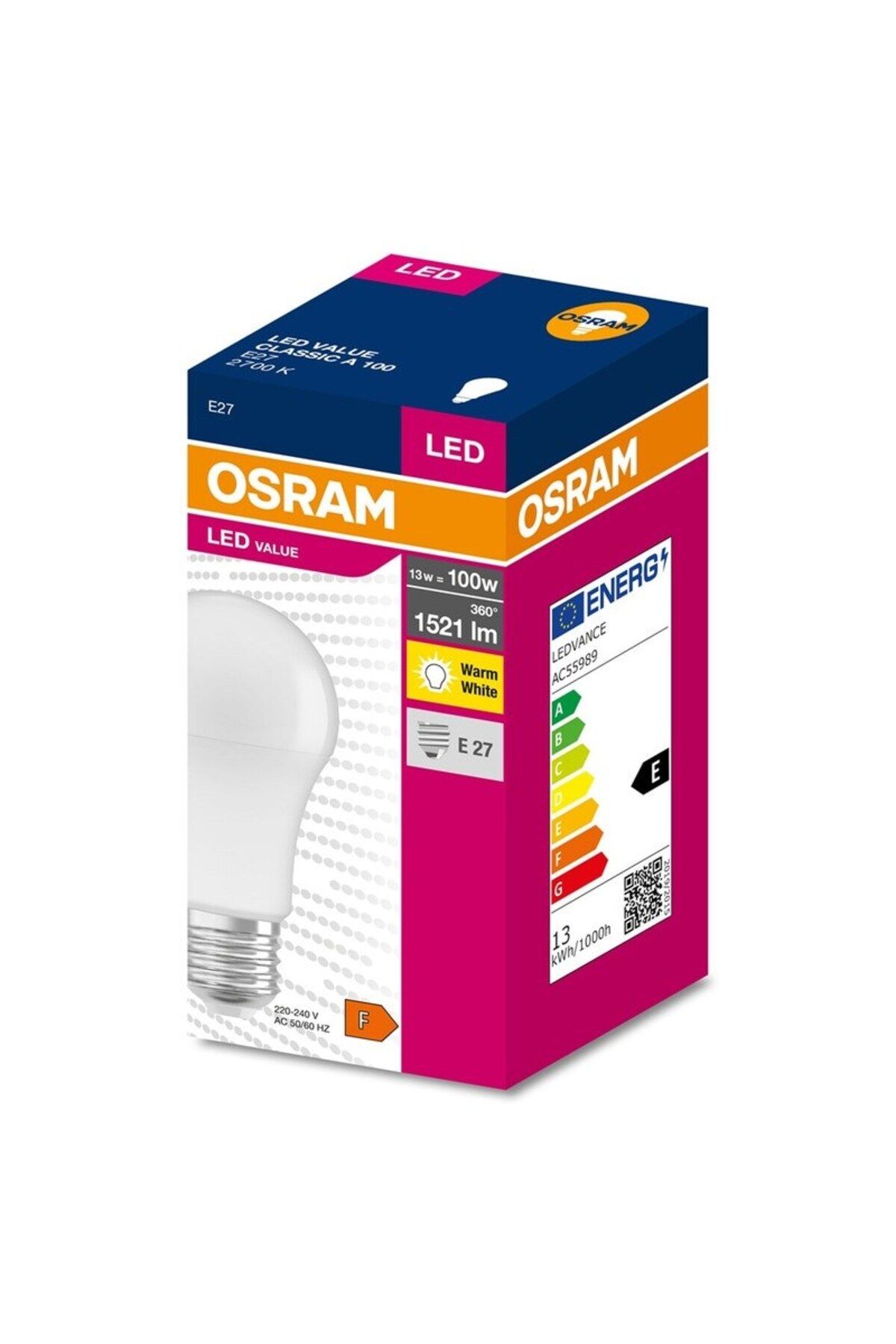 Osram-Set 5 becuri glob LED, E27, 13 W echivalent 100W, unghi 360, lumina calda, 2700K,1521 lm, clas 3
