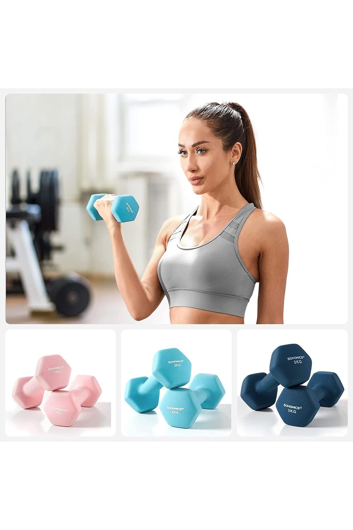 SONGMICS-Set of 6 hexagonal dumbbells with stand, 2x1 kg 2x2 kg 2x3 kg, multicolor 6