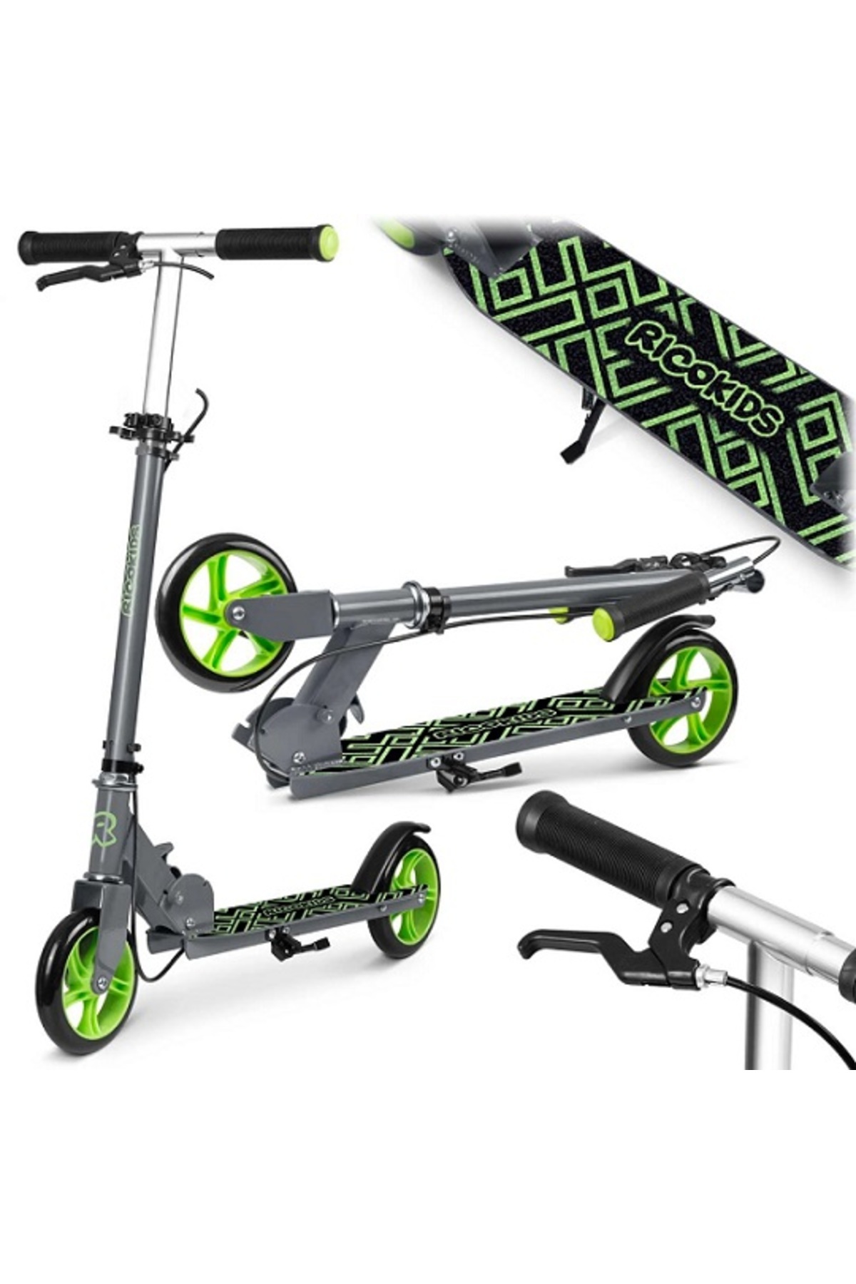 Ricokids-Kodi Black/Green foldable children's scooter, adjustable handlebar height, anti-slip platform 1