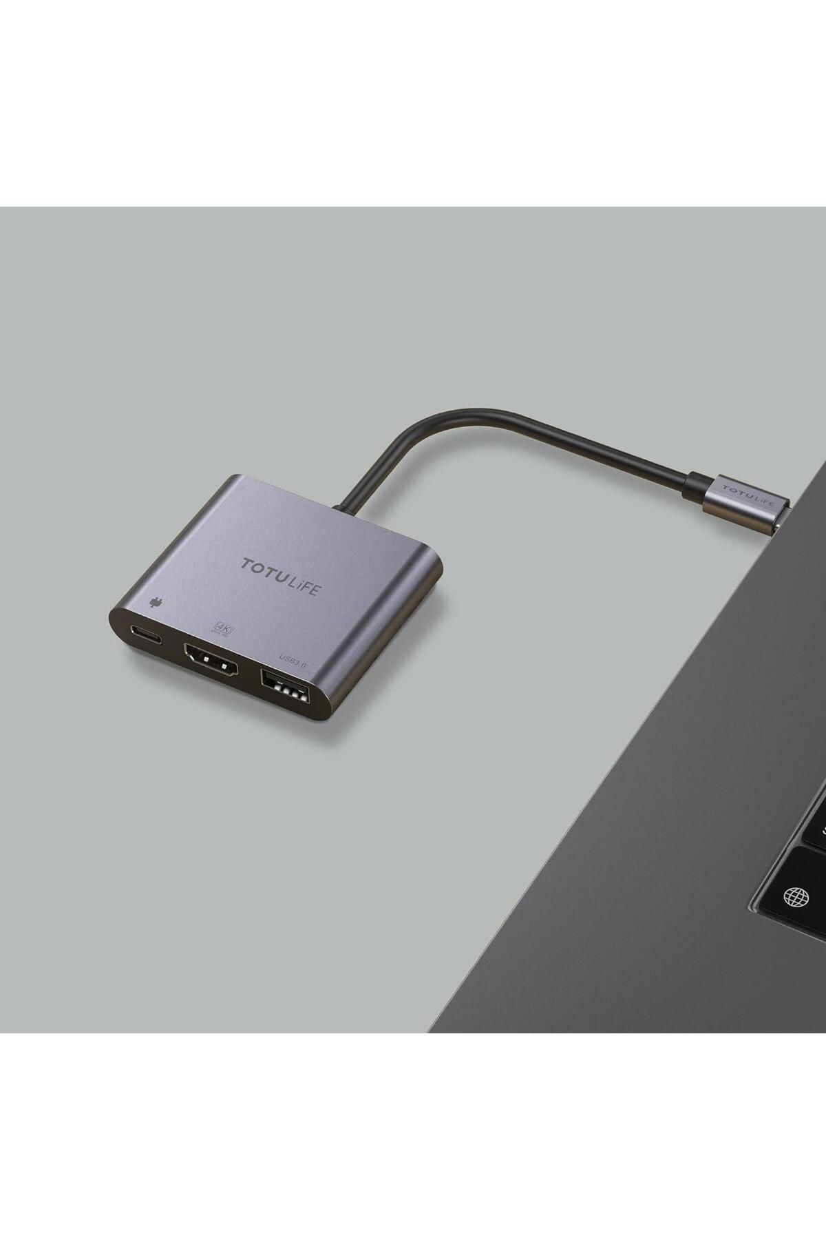 TOTUDESIGN-Totulife USB-C to HDMI + USB-C + USB-A OTG Adapter, Grey 3