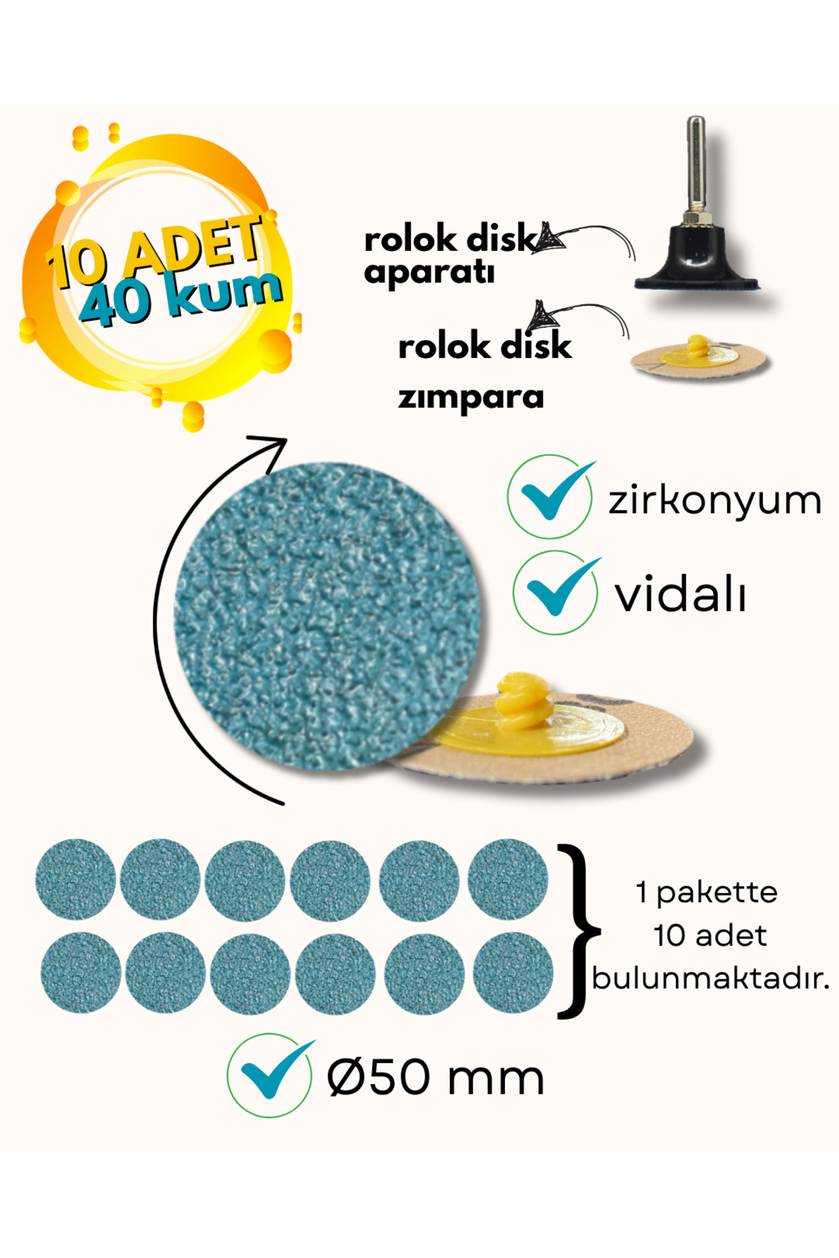 GENERAL ROLOK DİSK ZIMPARA 50 MM MİNİ DİSK 40 KUM (zirkonyum) 10