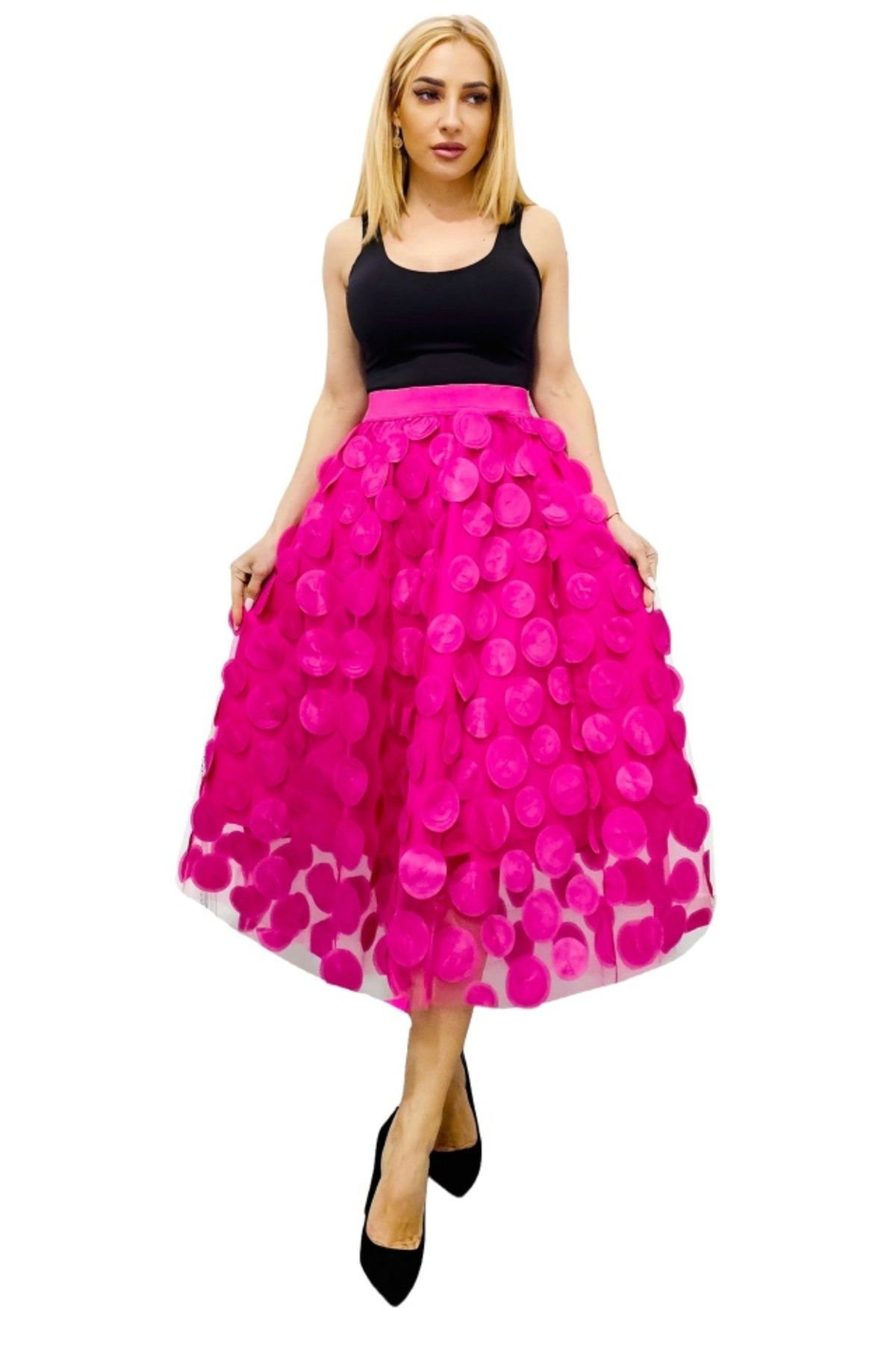 FashionForYou-Zefira Occasion Skirt, with tulle, satin applications and 3D polka dots, Fuchsia, Size S/M 6