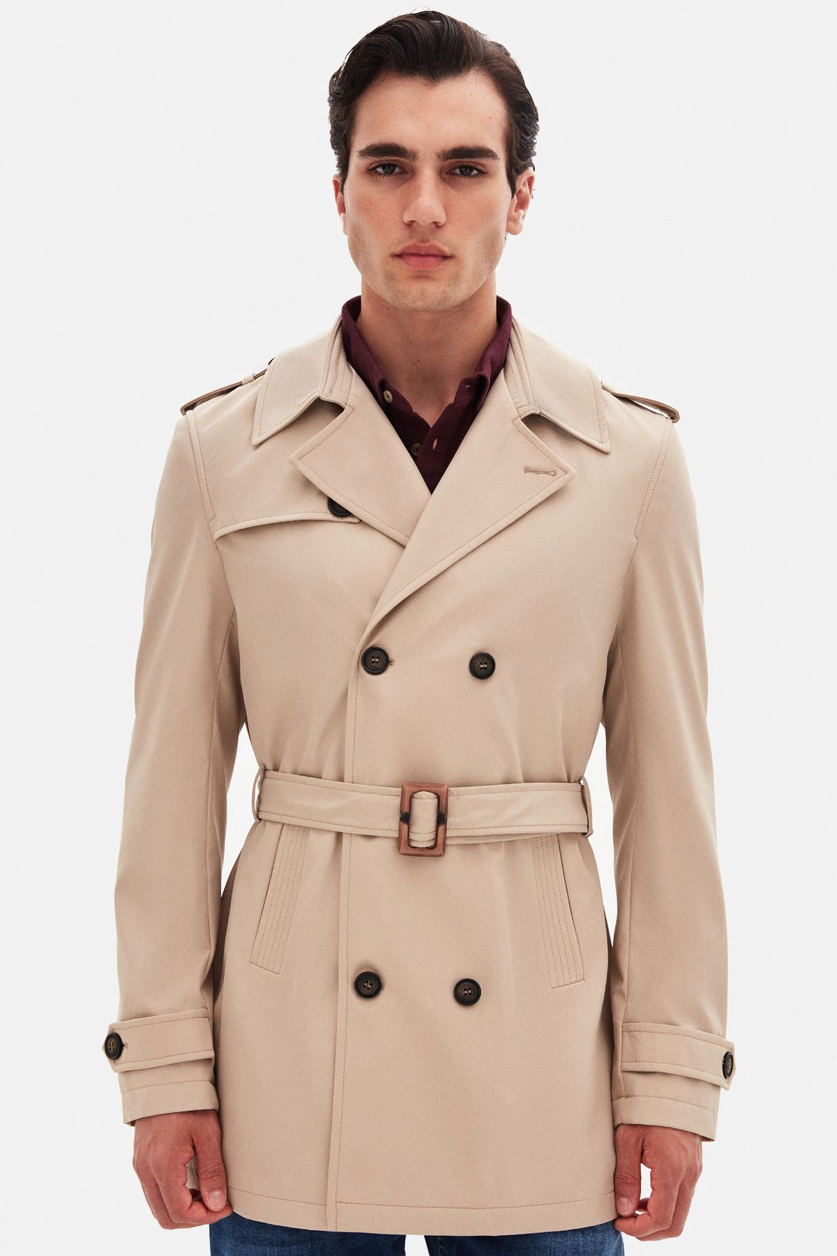 D'S Damat Ds Damat Regular Fit Koyu Bej Apoletli Beli Kemerli Pardösü/Trenckot