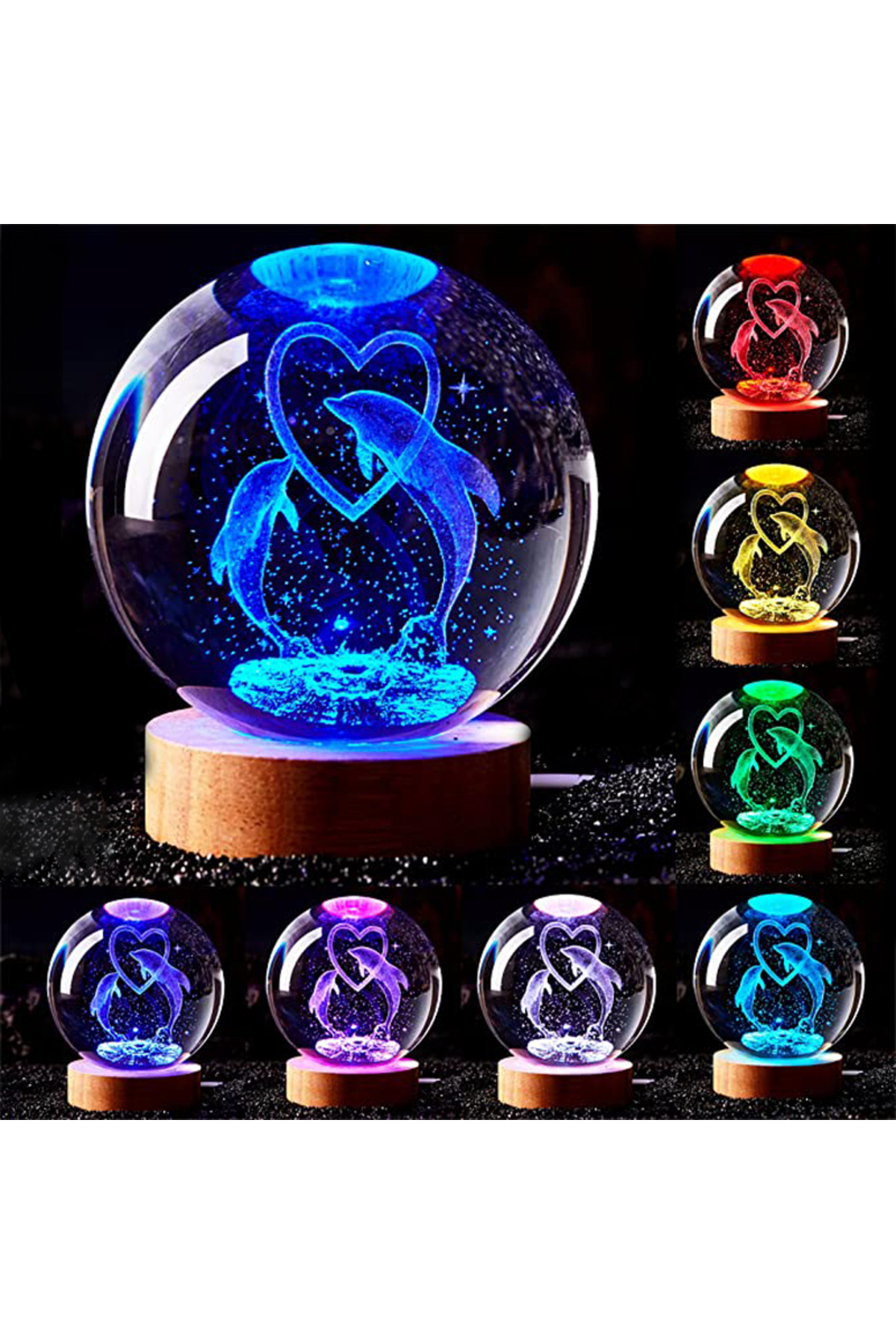 Wolawood Yunus Balığı Temalı Kristal Cam Küre 3D Led Işıklı USB'li Ahşap Tabanlı Renk Değiştiren Gece Lambası fotoğrafı 4 (önizleme)