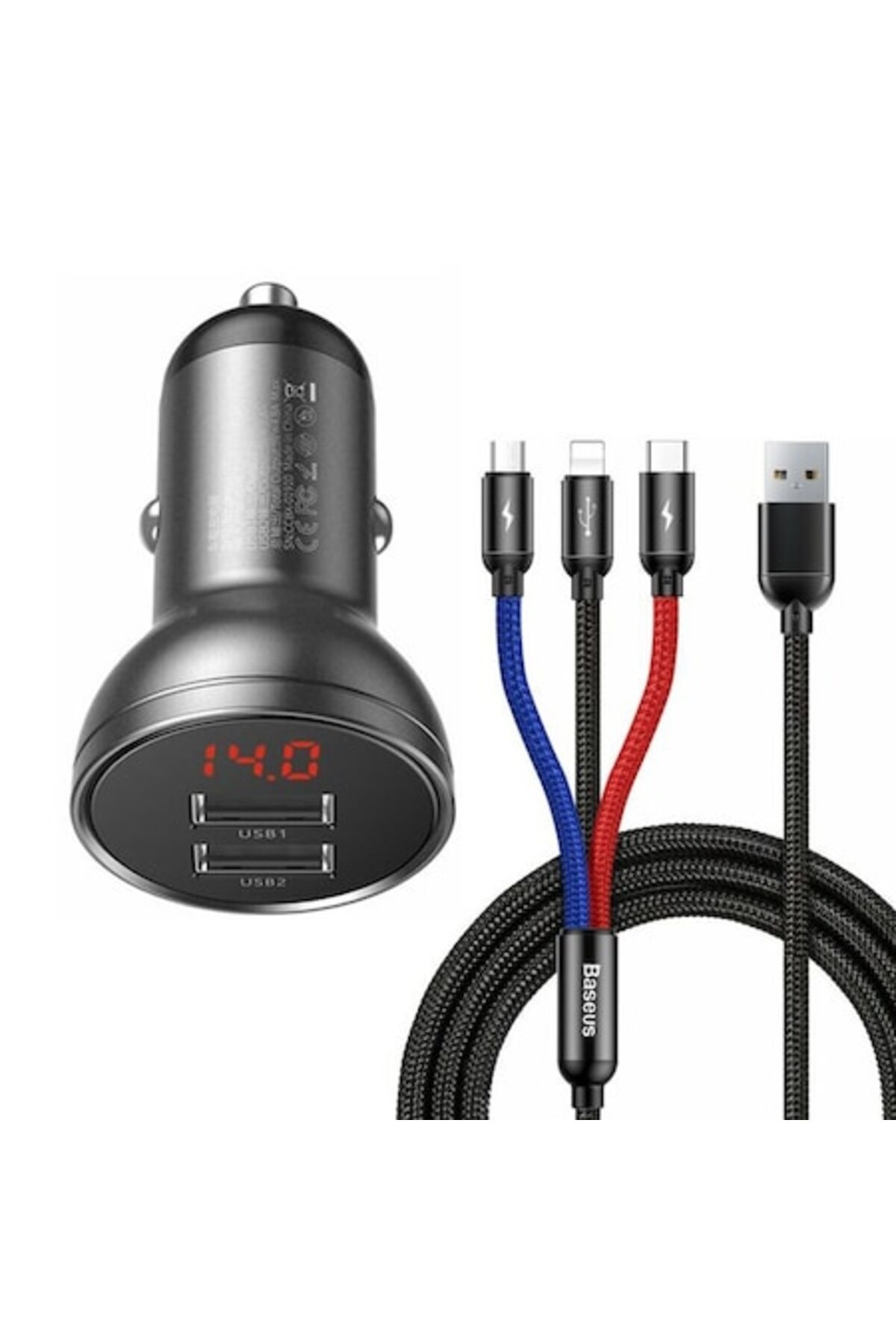 Dali-Încărcător auto, 2xUSB A, Cablu 3 în 1 USB A la Micro-USB, USB Tip-C și Lightning, Afișaj digital, 24W, 1